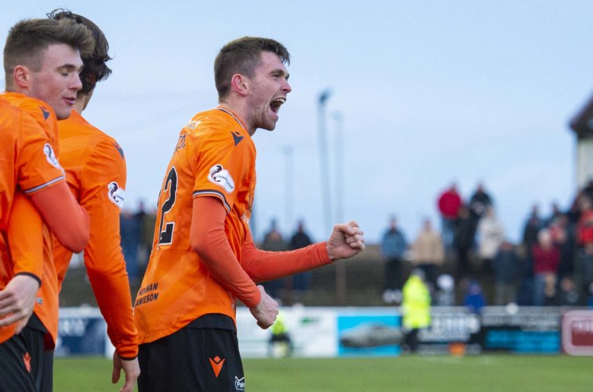 Sam Stanton celebrates a goal for Dundee United at a previous visit to Gayfield