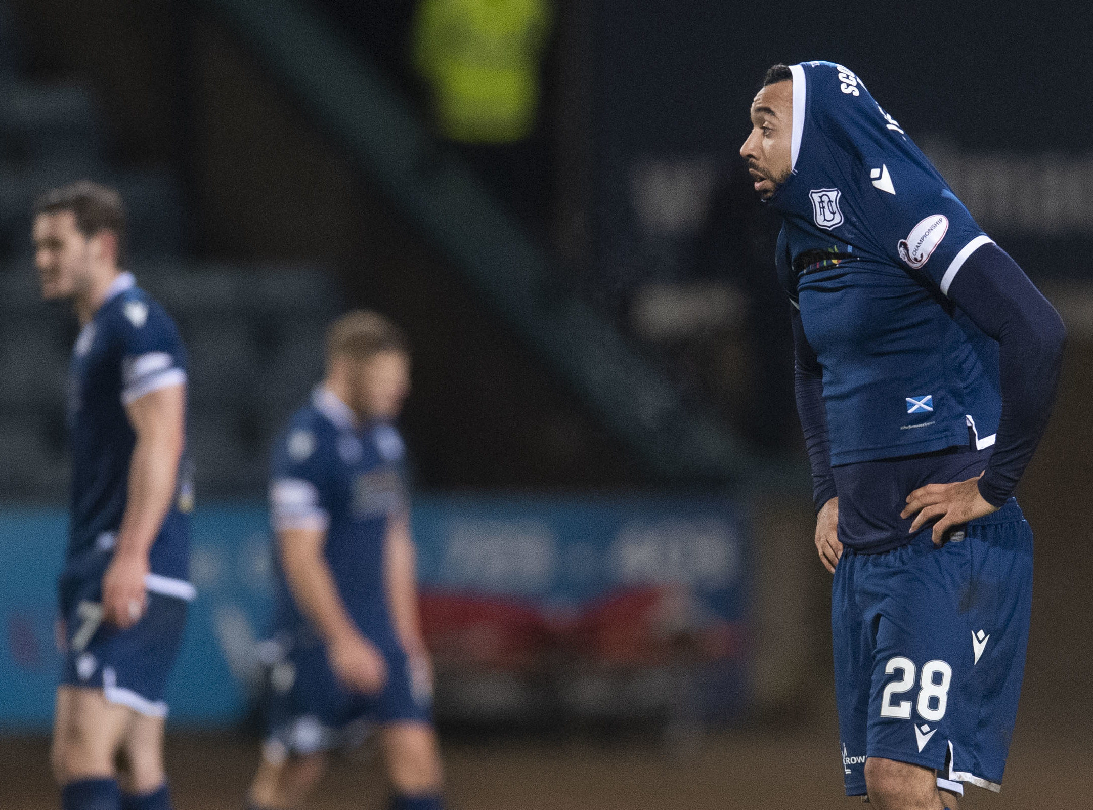 Dundee's Kane Hemmings looks dejected at full-time.