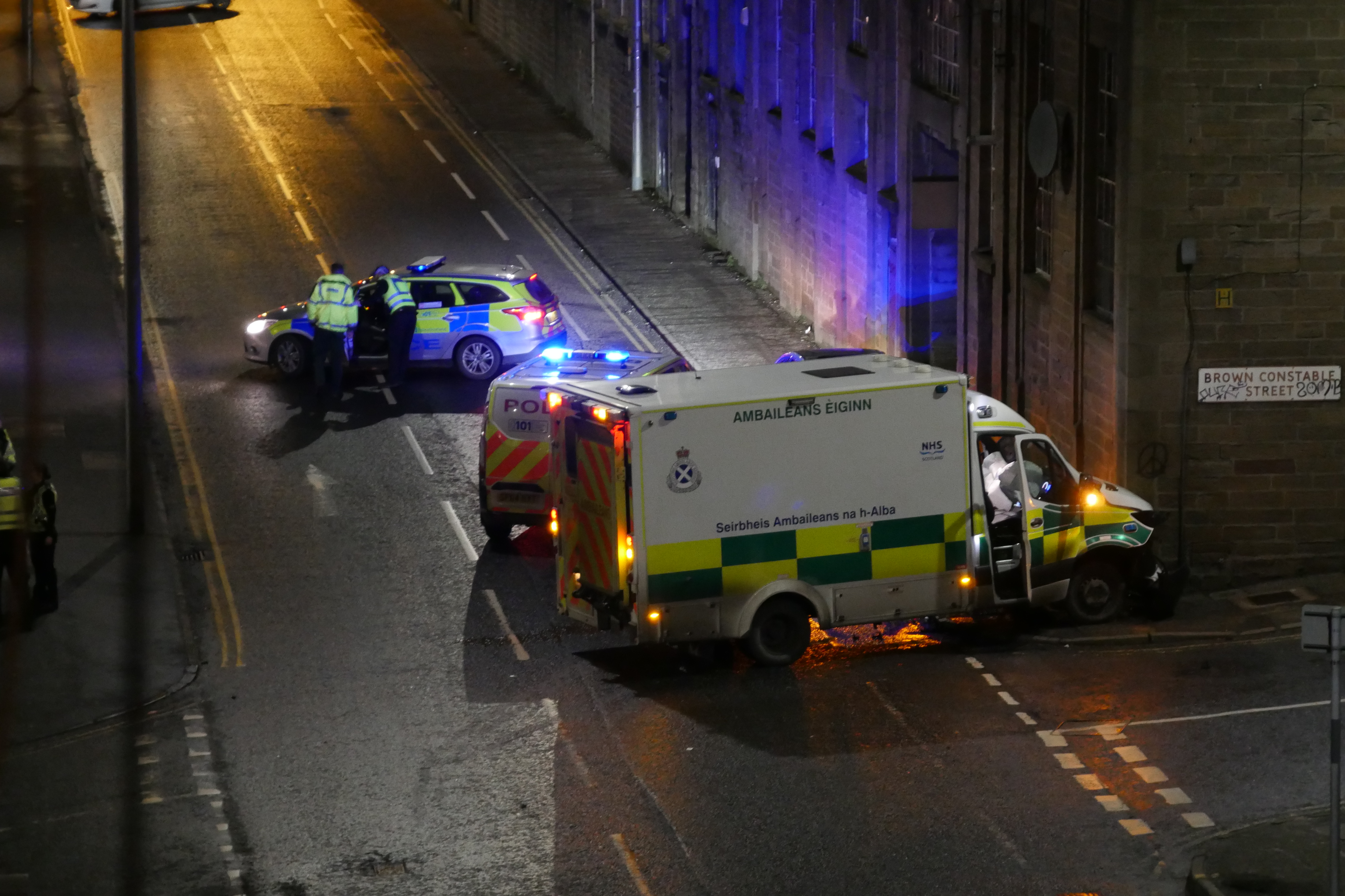 The ambulance at the junction of Brown Constable Street. Picture by Matthew Robb.