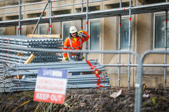 Scaffolding going up around Kingdom House in Glenrothes ahead of demolition.