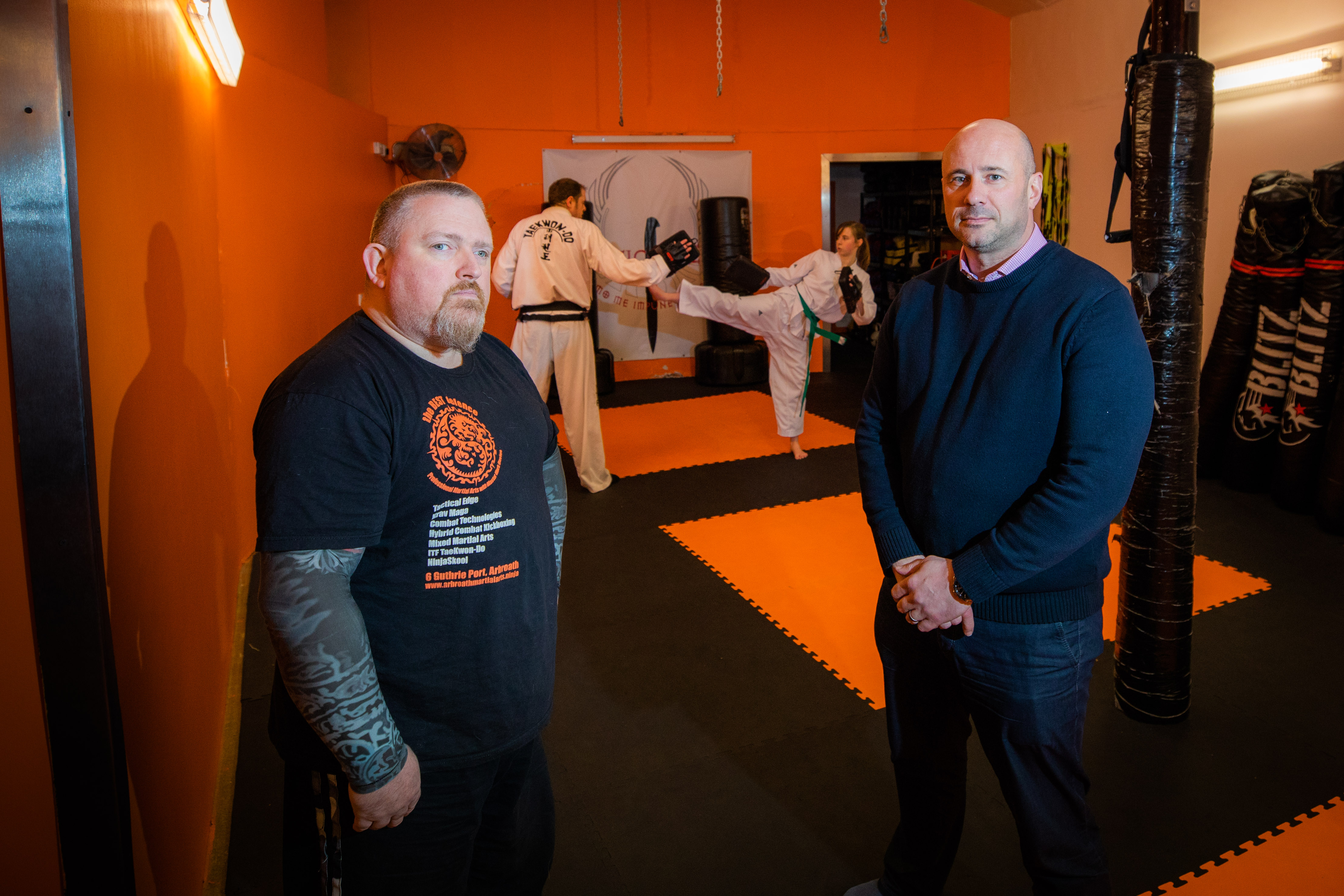 Angus school Education Convener Derek Wann meeting anti-bullying champion and martial arts expert Mark Davies who includes anti-bullying in his school's children's curriculum.