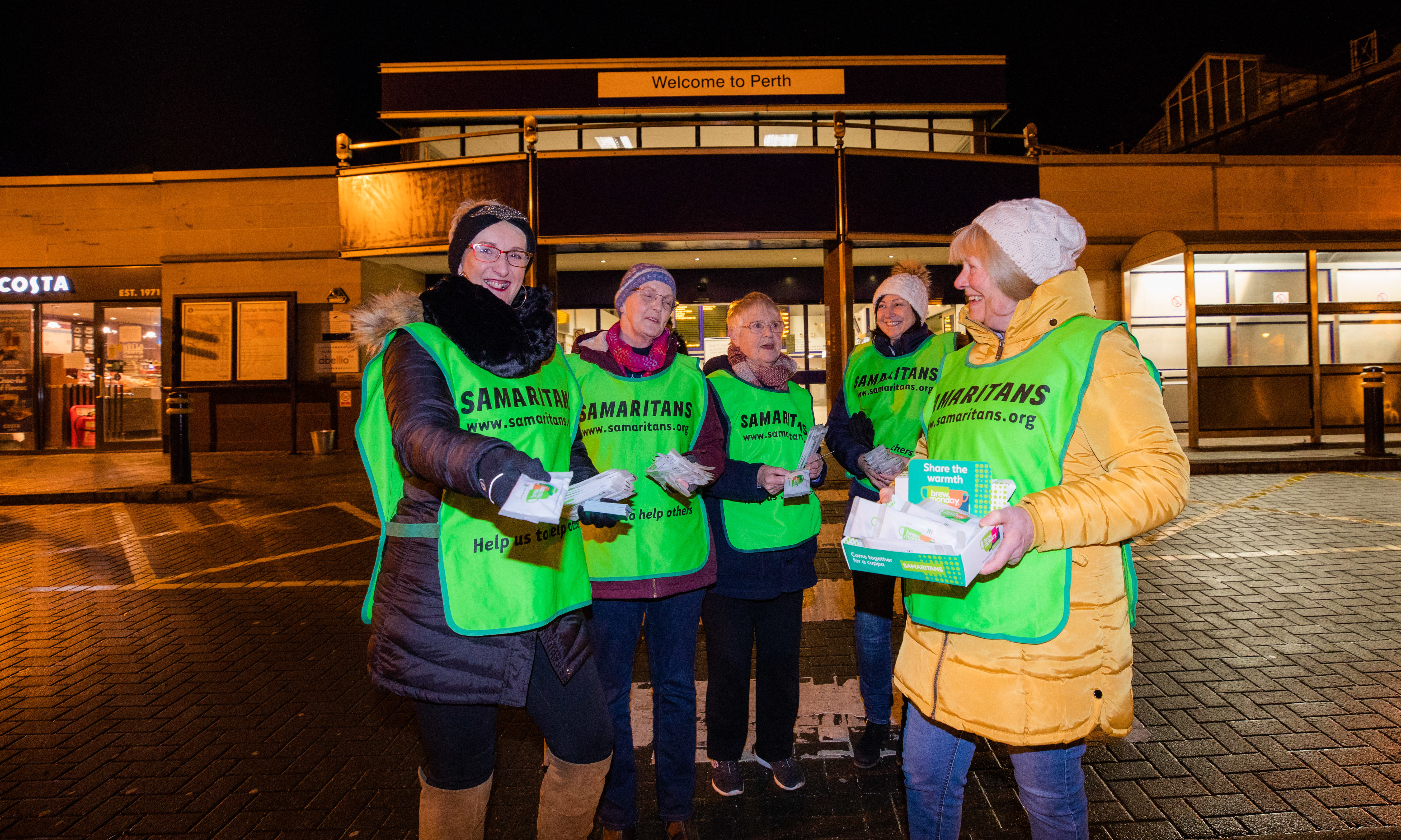 Perth Samaritans Linda, Maggie, Judy, Isla and Emma handed out teabags at Perth Railway Station on Monday.