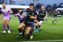 Huw Jones goes in for Glasgow's second try against Exeter at Scotstoun.