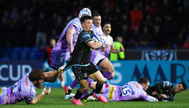 George Horne drives through for Glasgow's third try against Exeter at Scotstoun.
