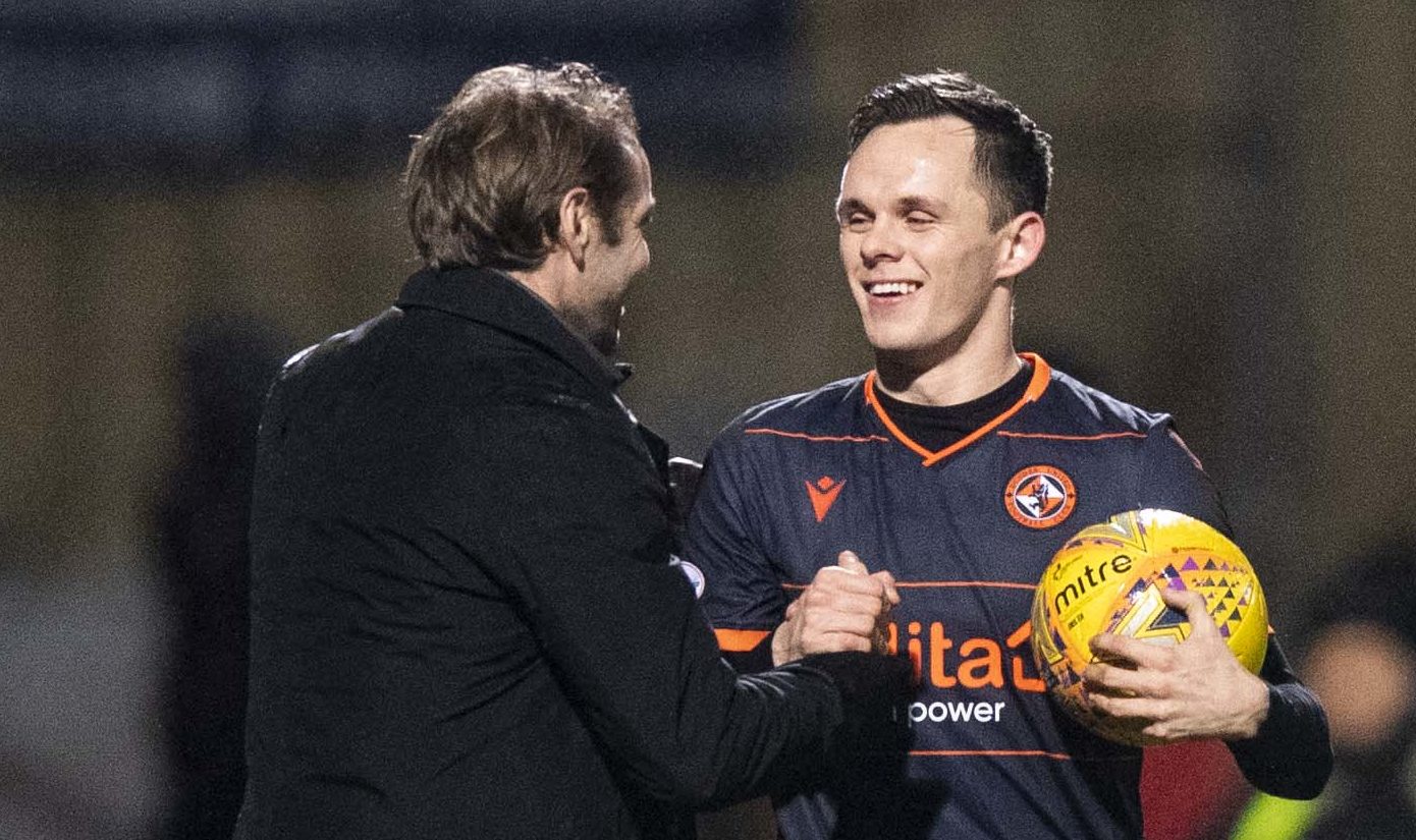 Robbie Neilson and Lawrence Shankland after the player's Firhill hat-trick.