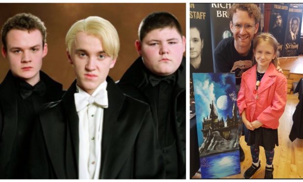 Left: Jamie Waylett and Josh Herdman as Crabbe and Goyle, flanking Tom Felton (Draco Malfoy). Right: Chris Rankin (Percy Weasley) with a fan.