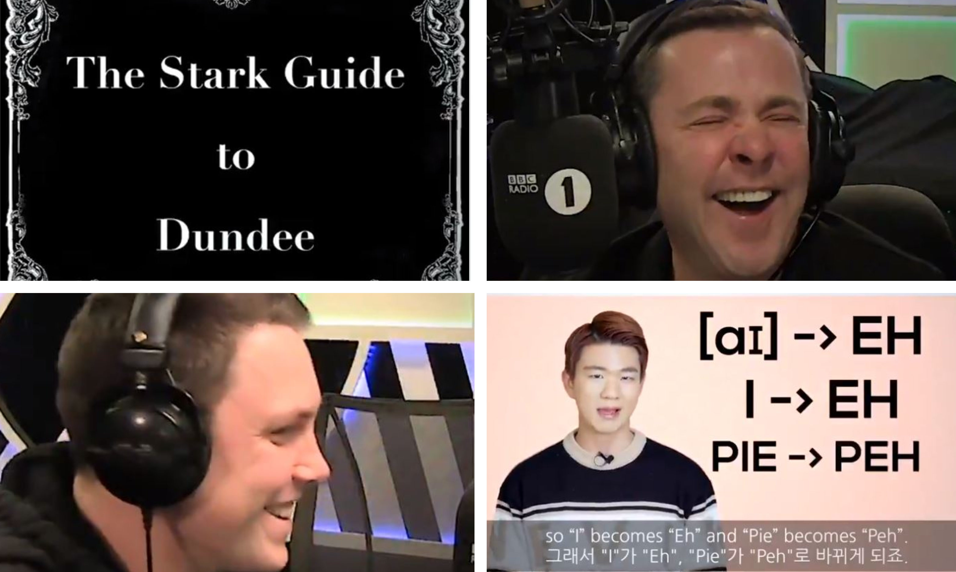 Chris Stark (bottom left) and Scott Mills (top right) on air as The Stark Guide to Dundee is read out.