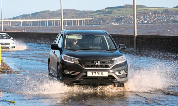 Flooding on Dundee's Riverside Drive following Storm Ciara in February.