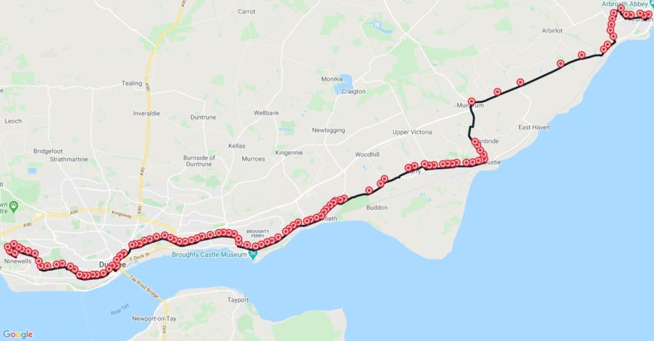 The route of the number 73 bus which runs between Arbroath and Ninewells Hospital via Carnoustie, Monifieth, Broughty Ferry and Dundee city centre. 