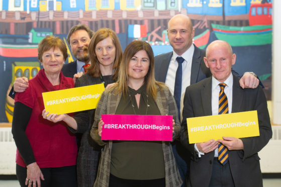 L-R: Councillor Lynne Devine, Mark Armstrong (Deputy Chief Executive Angus Council), Doreen Redfern (Head Teacher Arbroath Academy), Jenny Paterson (Breakthrough), Councillor Derek Wann and Bruce Pandrich (Head Teacher Arbroath High School).