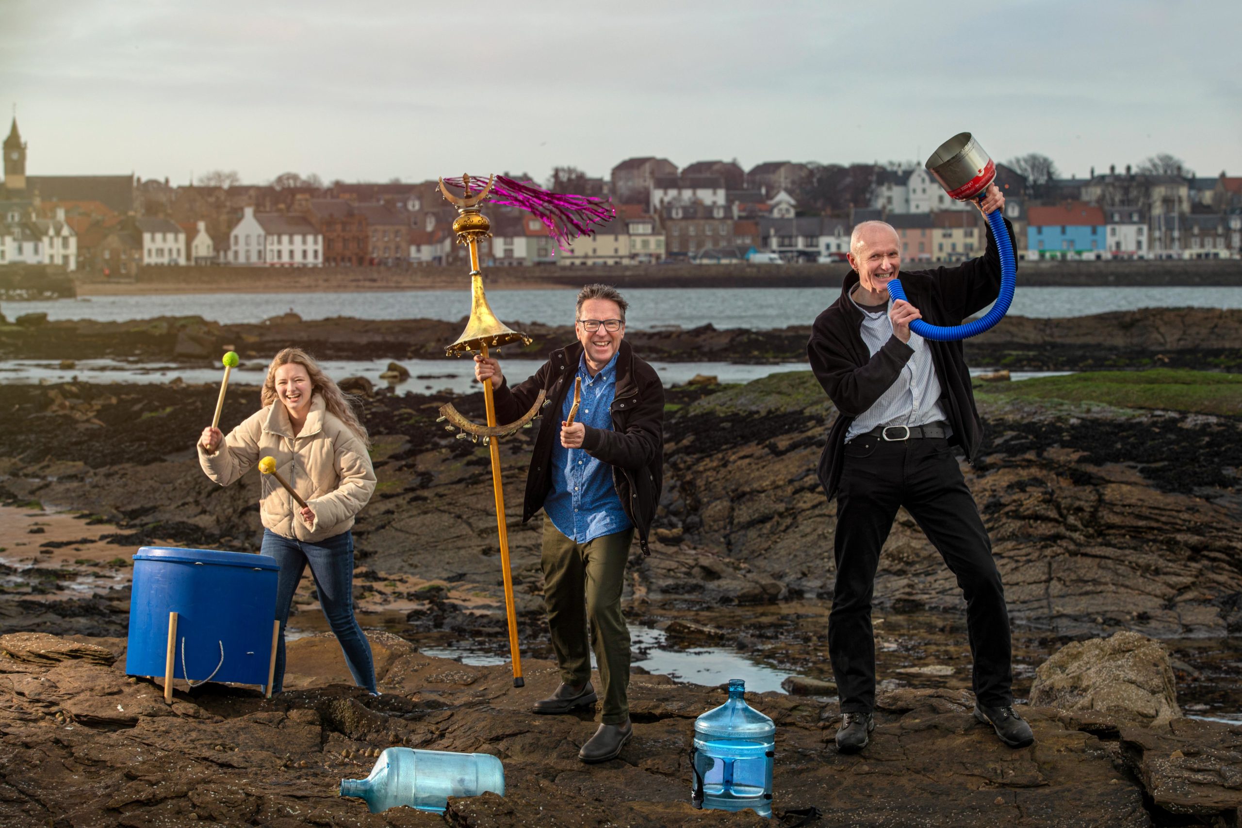 Richard Wemyss and Ellie Deas, of Cellardyke Sea Queen Festival, with composer and instrument maker Graeme Leak at Anstruther’s Billow Ness Beach as they prepare to turn plastic pollution into musical instruments for the 2020 East Neuk Festival.
