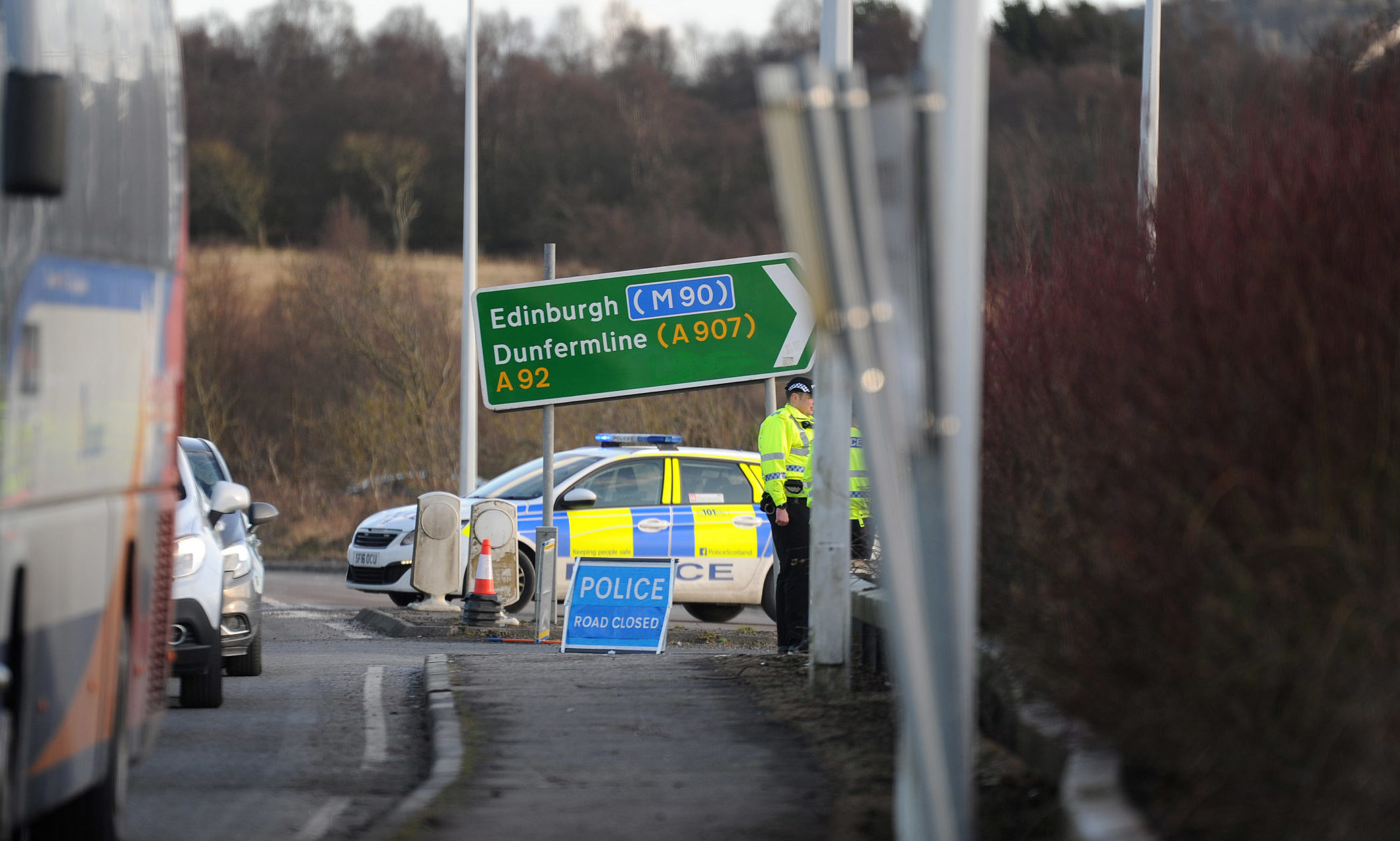 Police at the scene of the crash on the A92 near the Cowdenbeath access slip.