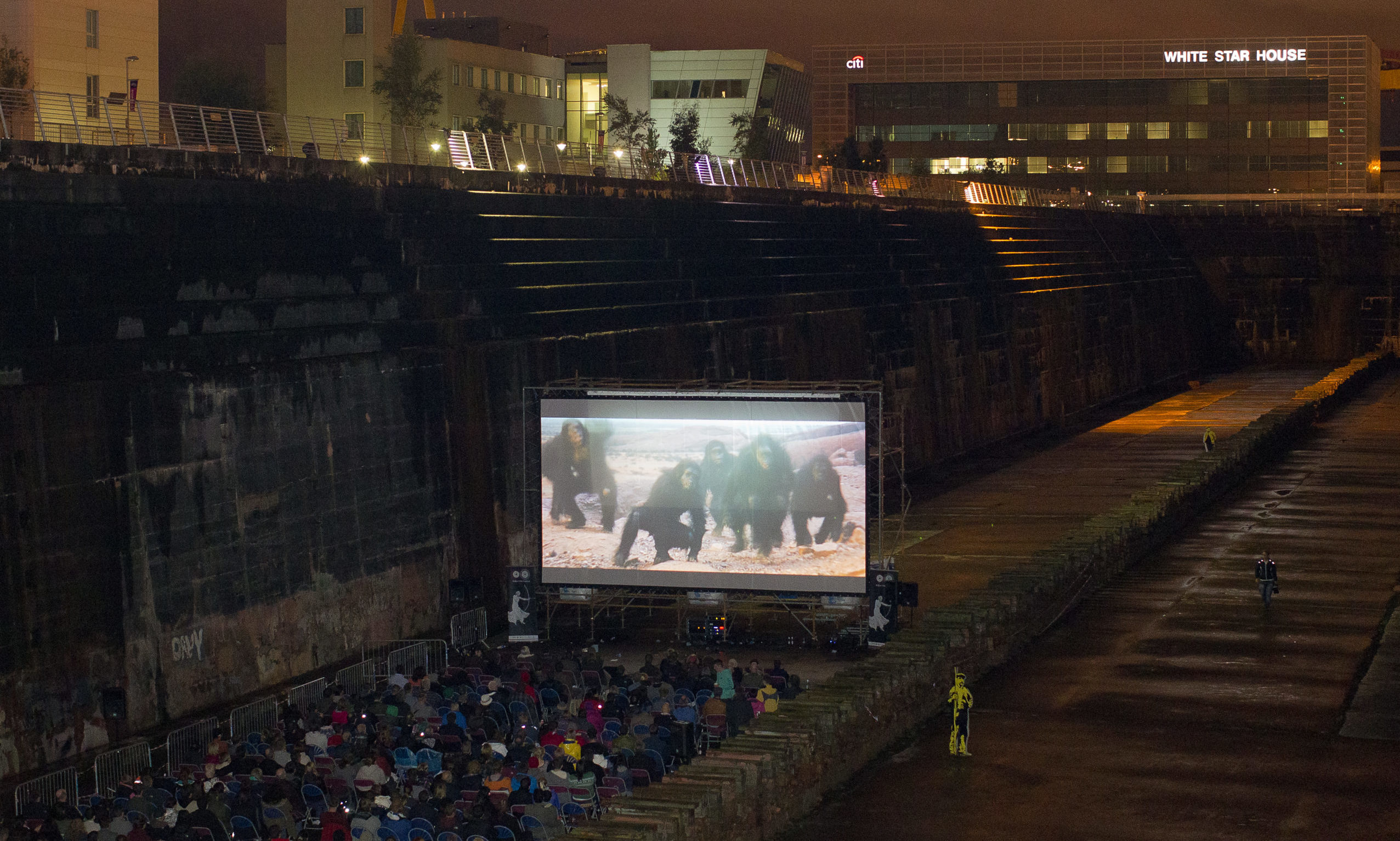 Cinema goers watch Stanley Kubrick's, 2001: A Space Odyssey, at Harland & Wolff Shipyard's, Titanic Dry Dock during the 2013 Belfast Film Festival.