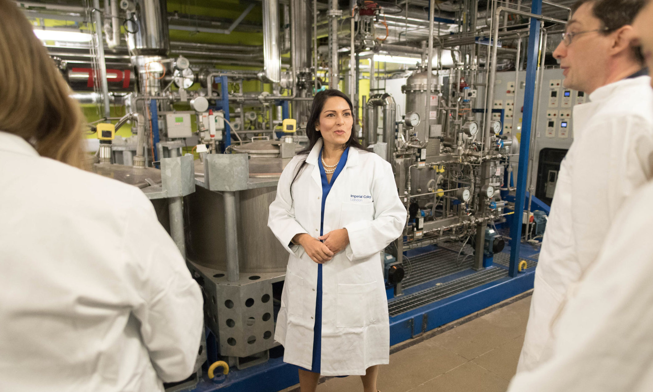 Home Secretary Priti Patel meets students and staff working on 'carbon capture' at Imperial College London in South Kensington, London, as she announces plans for a new points-based immigration system.