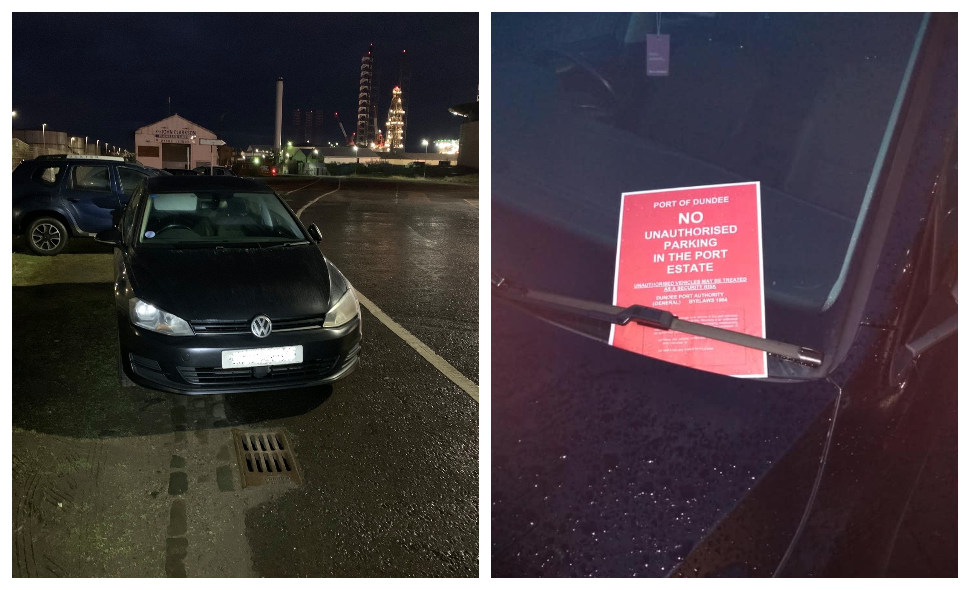 Left, a car parked on the cycle path on land owned by Forth Ports, and right, a warning notice