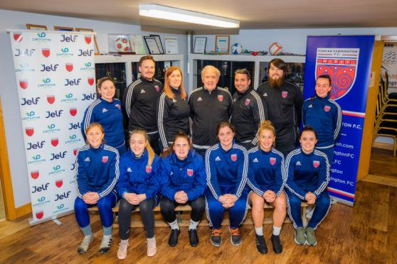 Farmington players with (back) assistant coach Paul Nicol, development officer Nicola McBride, chairman Colin Brown, head coach Ryan McConville and goalkeeping coach Fraser Reid.