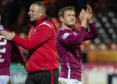 Rab, left, and new Arbroath signing James Craigen celebrate at full-time.