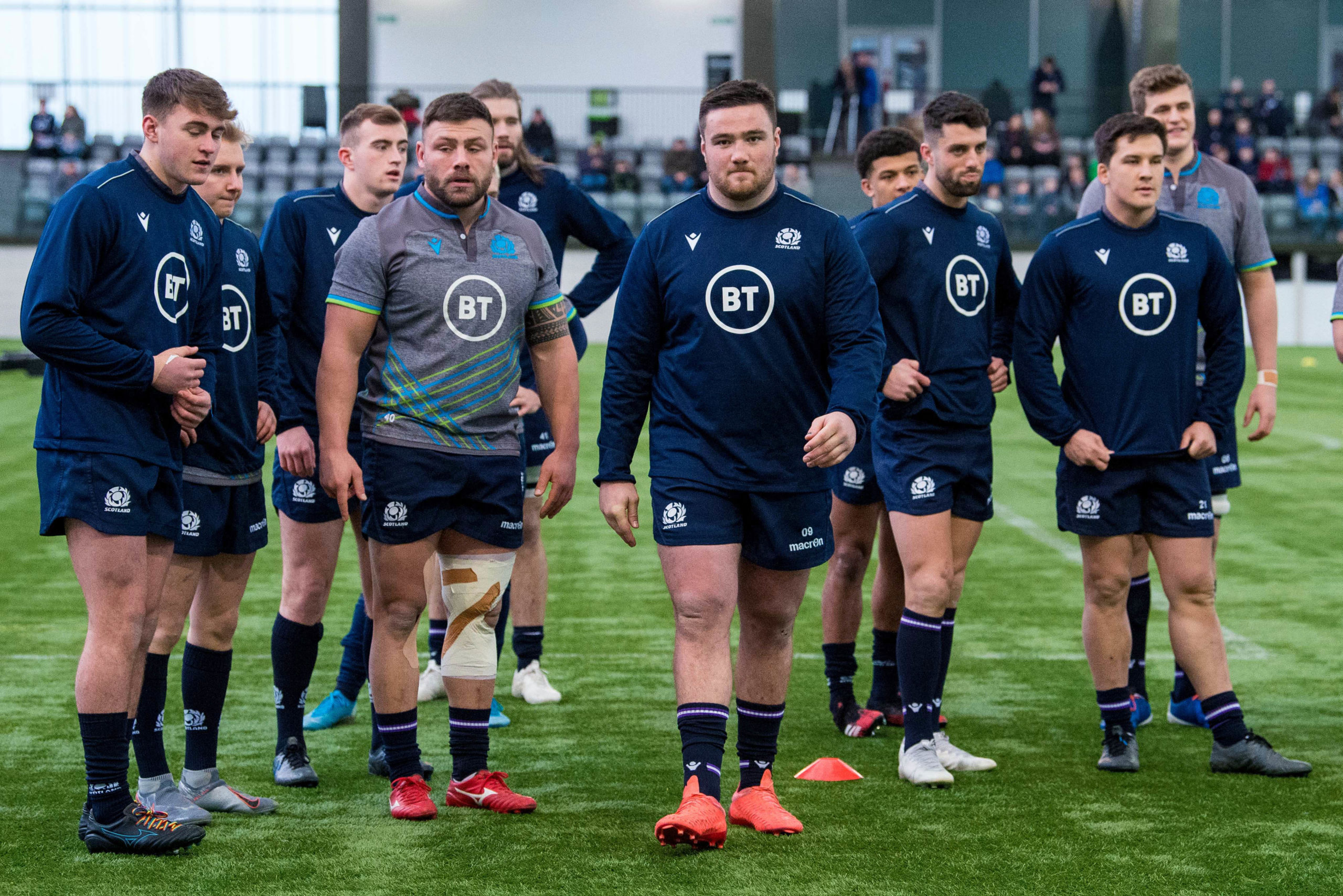 Rory Sutherland. Zander Fagerson, Adam Hastings and Sam Johnson with members of Scotland's Under-20 side during the public training session at Oriam.