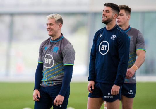 Darcy Graham (L) and Adam Hastings at Scotland training.