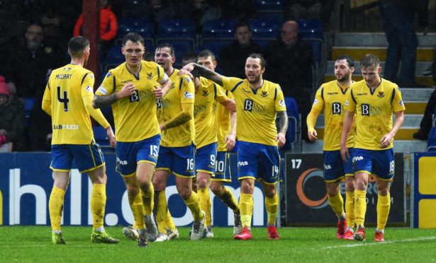 Saints' players celebrate Stevie May's goal at Ross County.