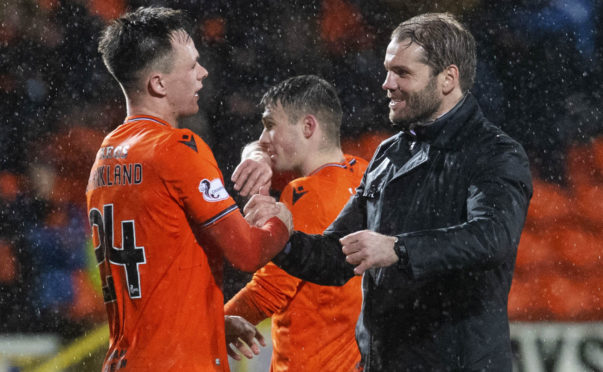 Lawrence Shankland and Robbie Neilson at the final whistle against Inverness.