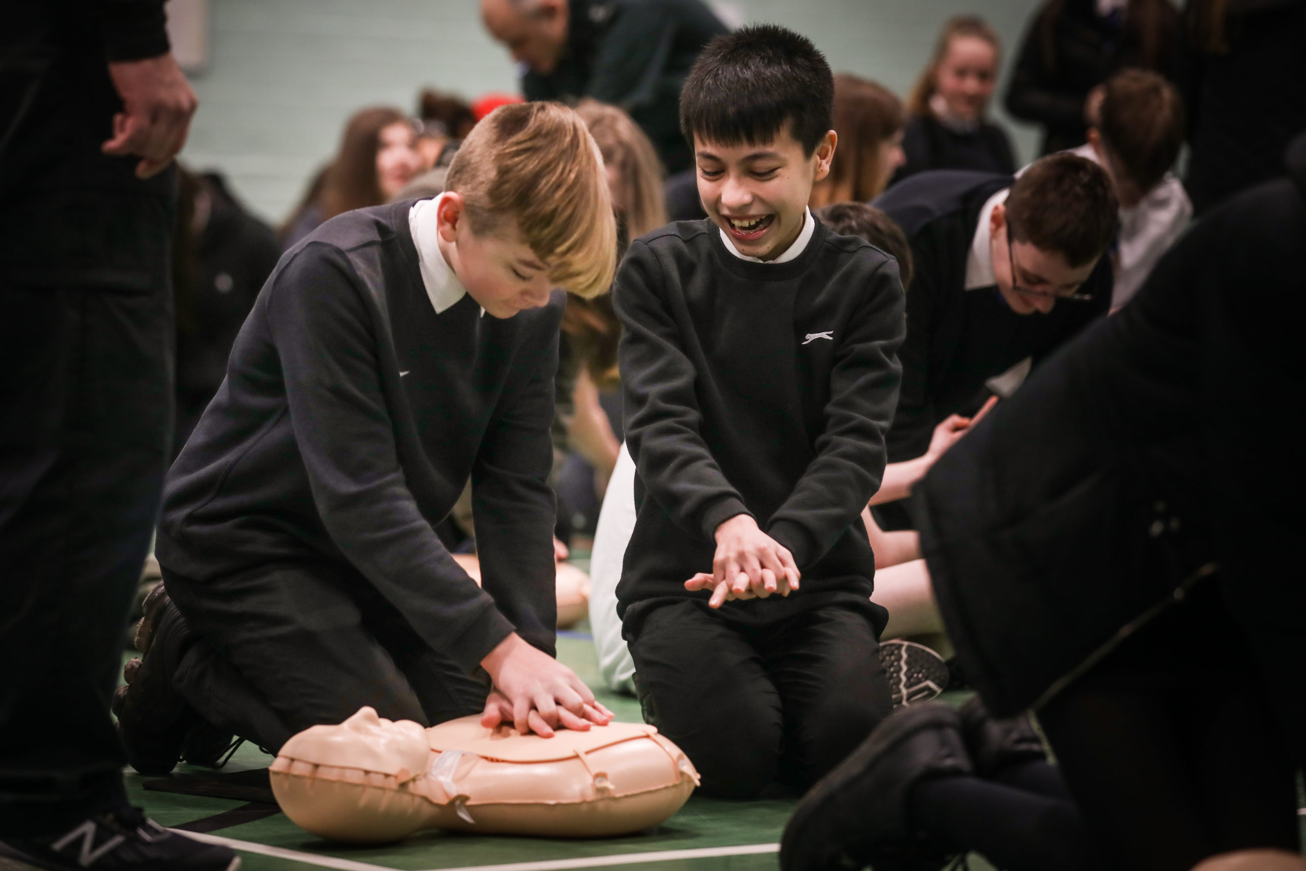 Perth High School pupils, Cameron Craik, 14 and Myles Woodside, 12, doing CPR training.