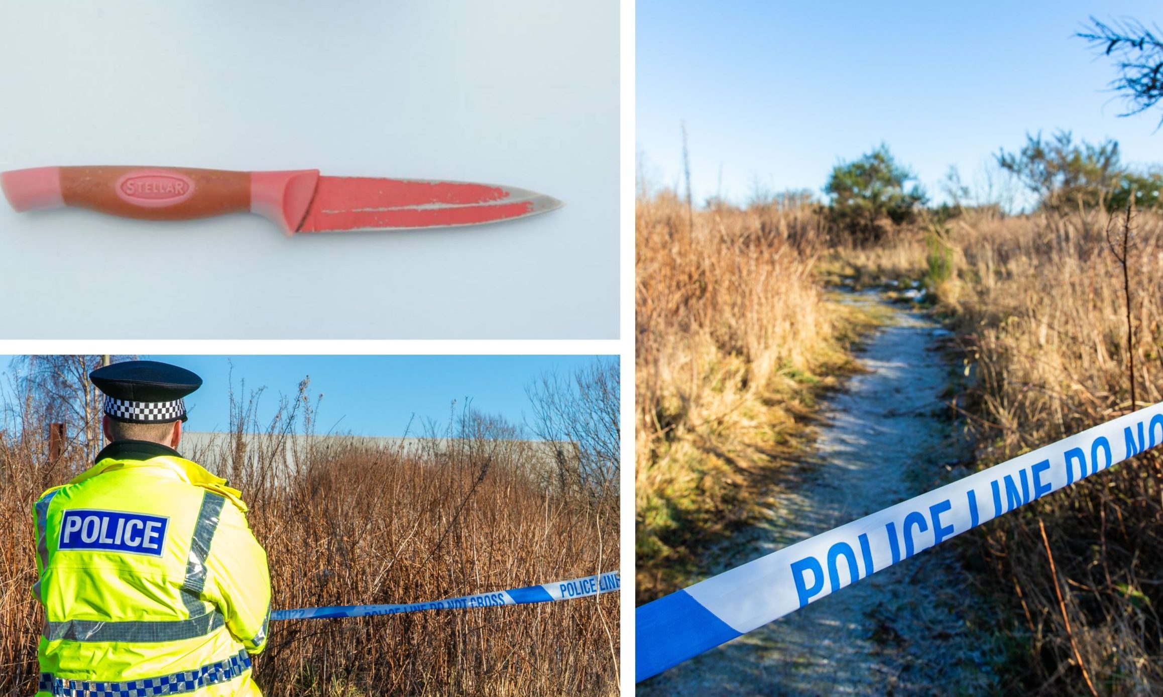 The knife used in the attack and police at the scene of the crime in Methil.