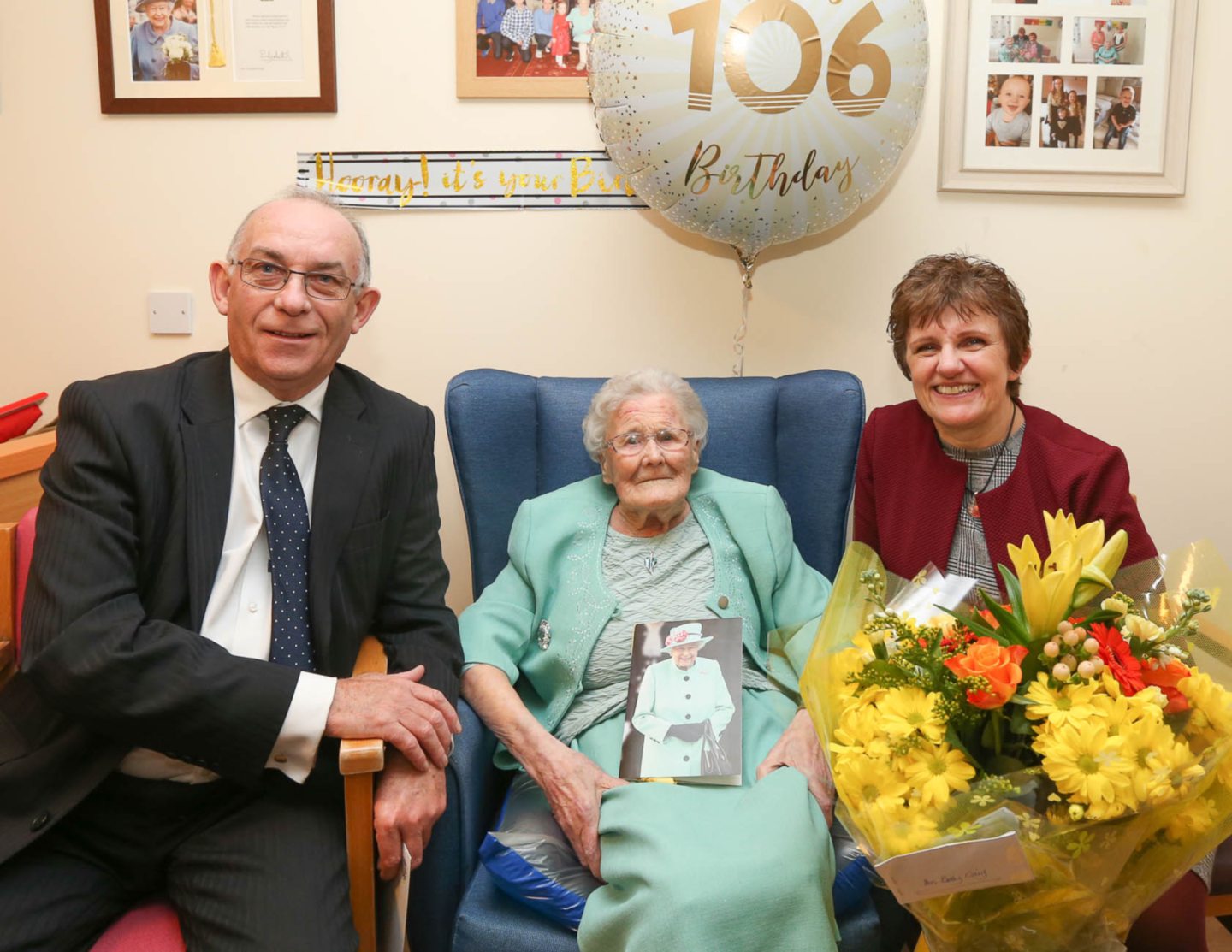 Betty Craig on her 106th birthday with Colonel Jim Kinloch and Councillor Judy Hamilton.