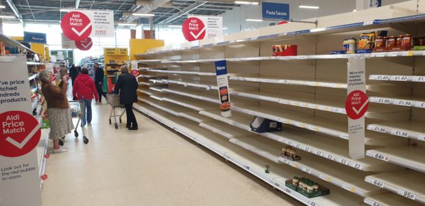 Empty shelves in a supermarket