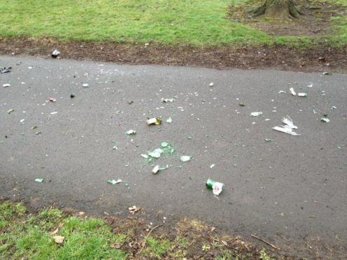 Some of the glass strewn across a path in Victoria Park.