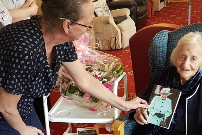 Helen Lennox on her 100th birthday at Moncrieffe Care Home, Bridge of Earn