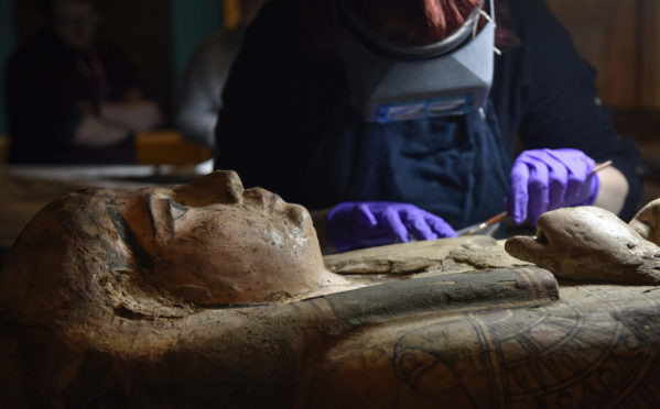 Conservators at Perth Museum and Gallery carefully clean a 3000 old mummy Ta-Kr-Hb, nicknamed the Perth Mummy, and her sarcophagus.

The Perth Mummy has been resident inside the gallery since the 1930s and now visitors to the museum can watch as conservators carry out their expert work.