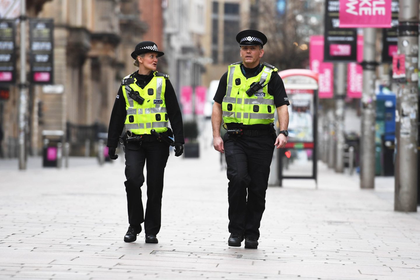 Police patrol the streets of Glasgow during the coronavirus lockdown.