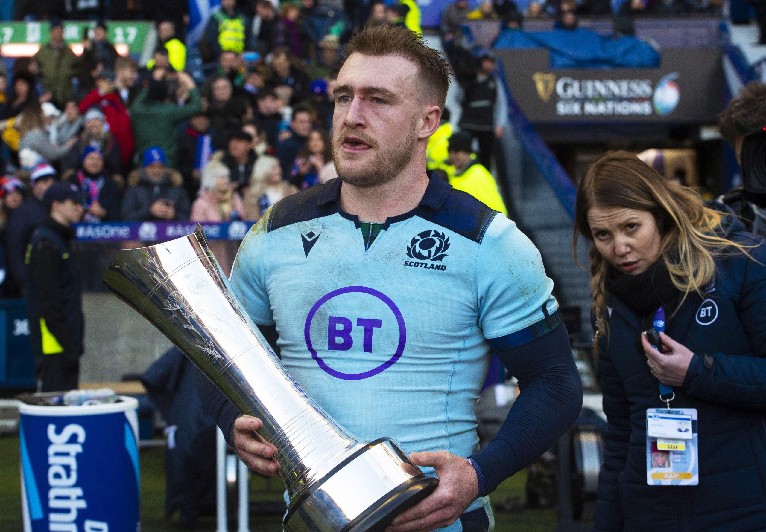 Stuart Hogg with the Auld Alliance Trophy after the win over France.