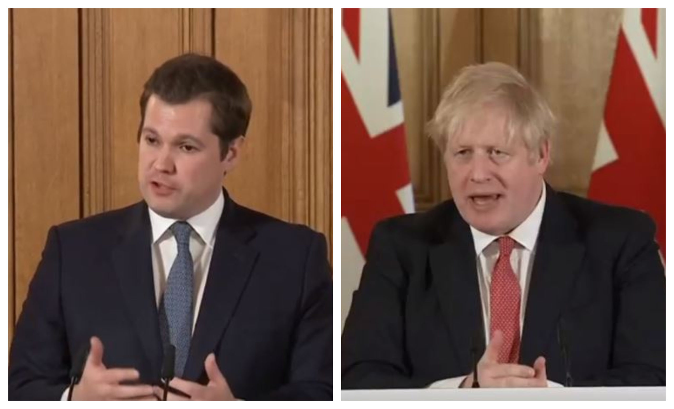 Robert Jenrick and Boris Johnson speak at the press conference.