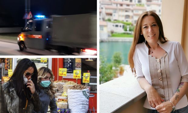 Aileen Froude (right). Top left: vehicles patrol the streets of Udine. Bottom left: women wearing masks in Naples.