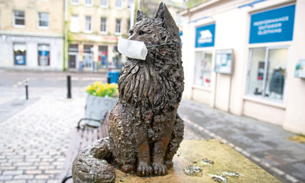 A protective mask on Hamish McHamish in St Andrews.