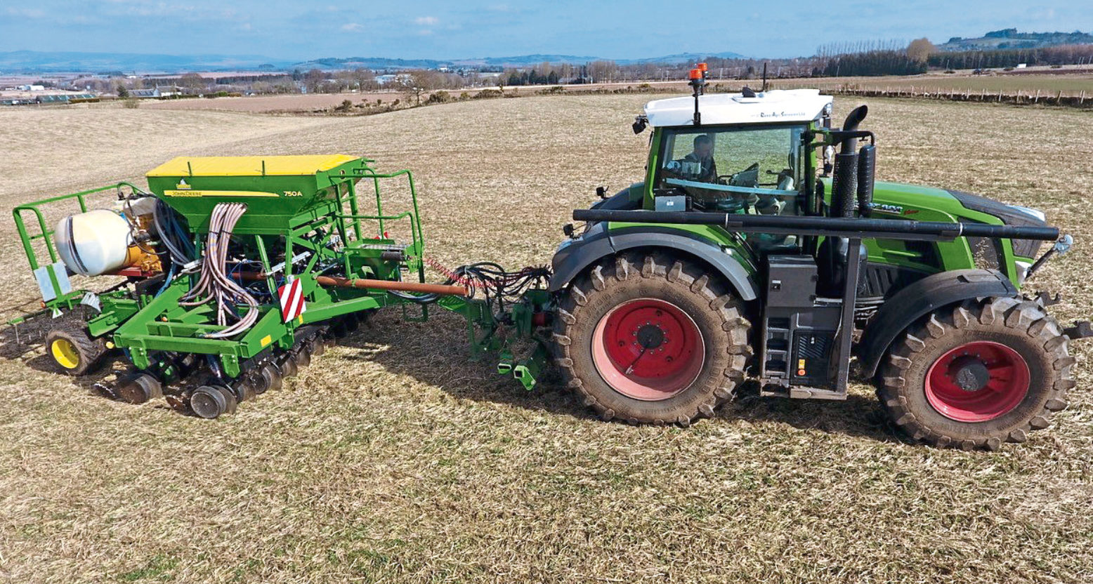 Spring barley being direct drilled in good conditions at Mains of Kinnettles, near Forfar,