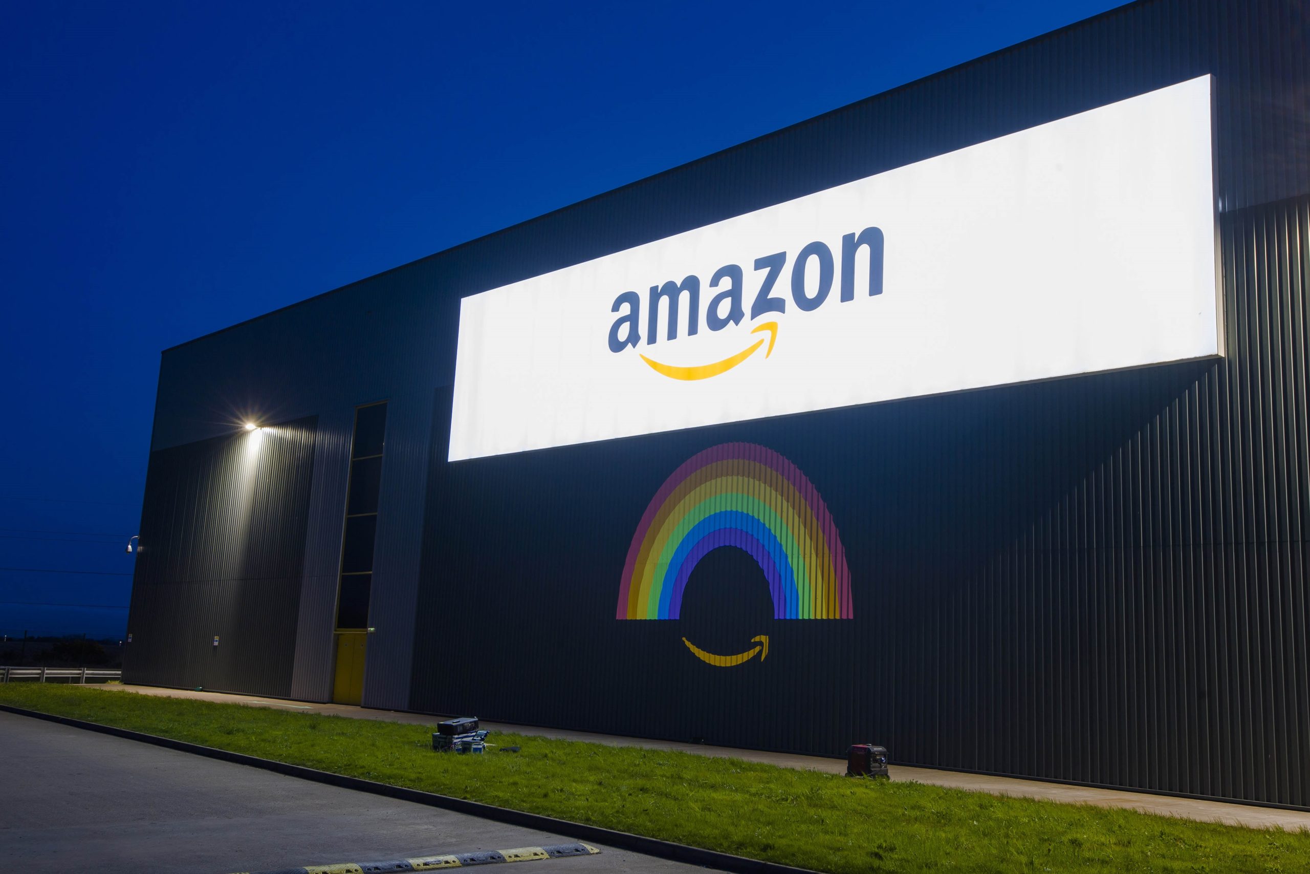 Online retailer Amazon is showing its thanks to the nations’ key workers by lighting up its buildings around the country, including a giant rainbow projection at the Fulfilment Centre in Dunfermline, Scotland.