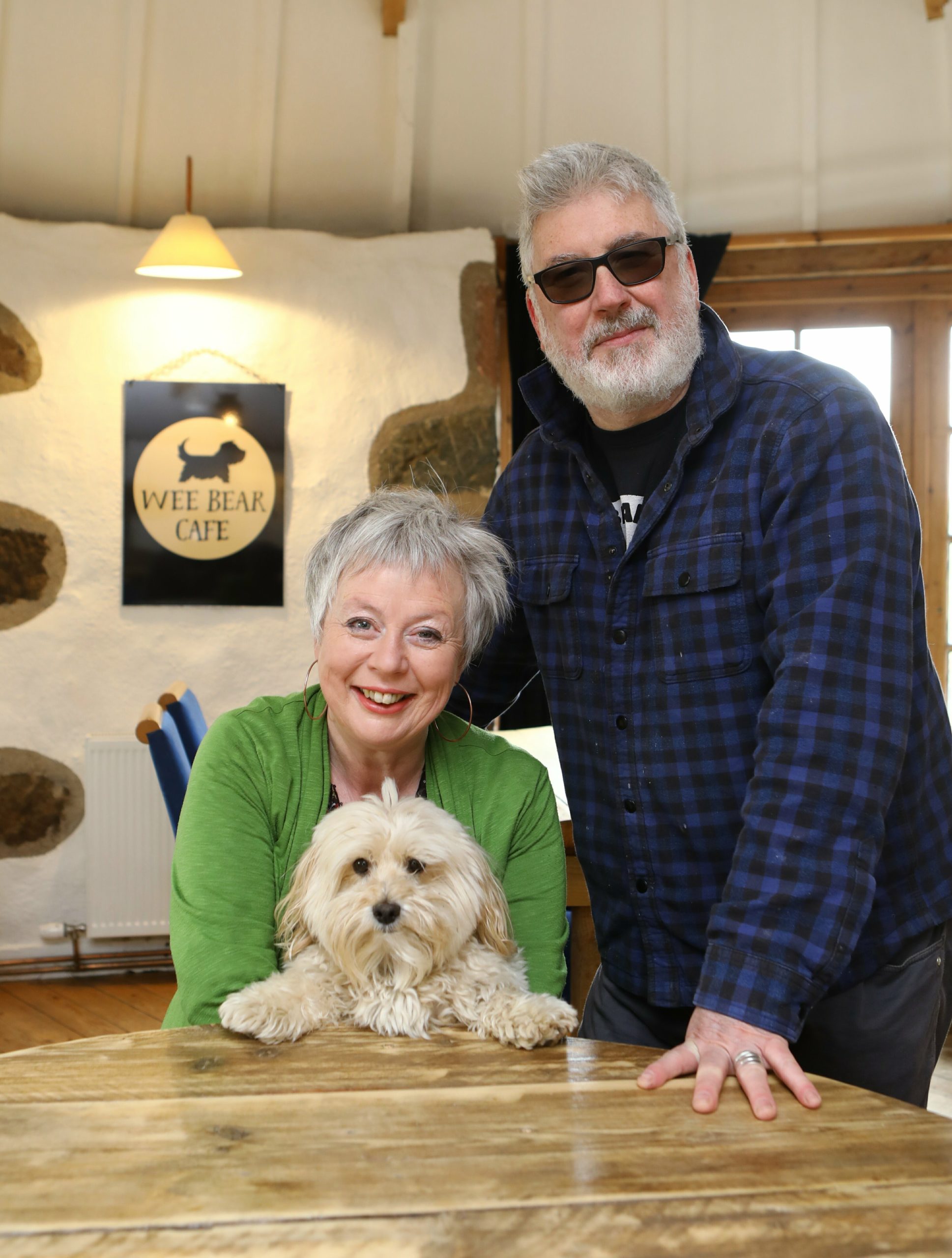 Gareth and Anne Phinn, with their dog Bear, at the Wee Bear Cafe, Bridgend of Lintrathen.