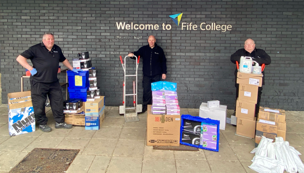 Fife College has donated PPE to NHS Fife and Fife Council. From left estates staff Drew Inglis, John Frew and Stuart Cain.