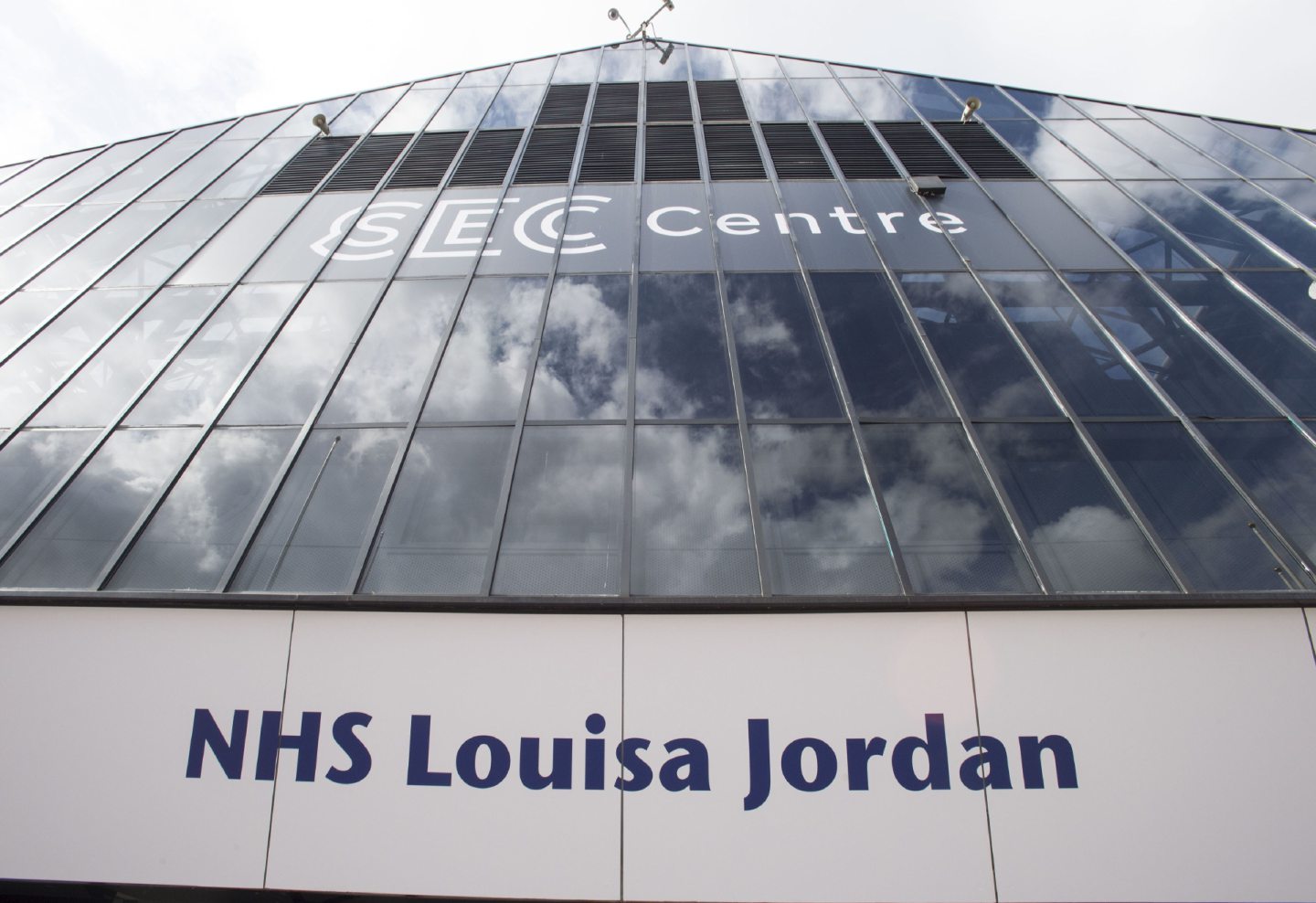 Signs outside the completed NHS Louisa Jordan hospital, built at the SEC Centre in Glasgow, to care for coronavirus patients.