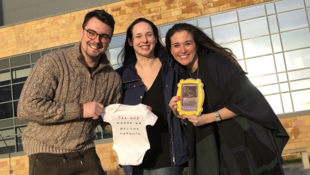 Sam and Olivia Rowlands with Ellie Hutchinson (centre) who is carrying their baby.