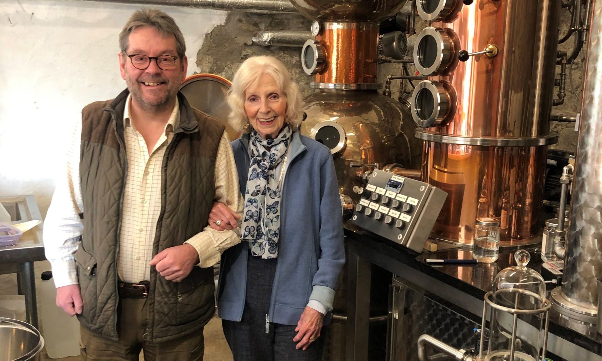 Simon and Lillias Fairclough at the Persie gin distillery, Glenshee