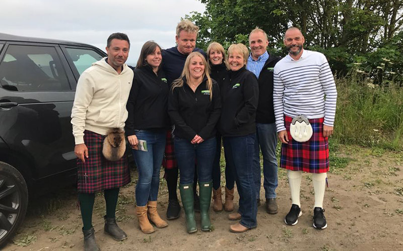 Claire Pollock (centre, front) and family with Gordon, Gino and Fred when they visited Ardross Farm