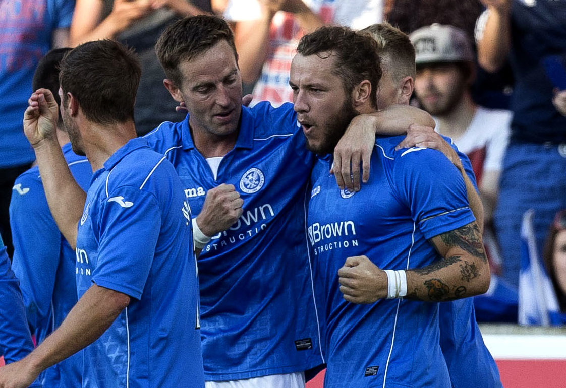 Stevie May celebrates with Steven MacLean after scoring in the Europa League. Image: SNS.