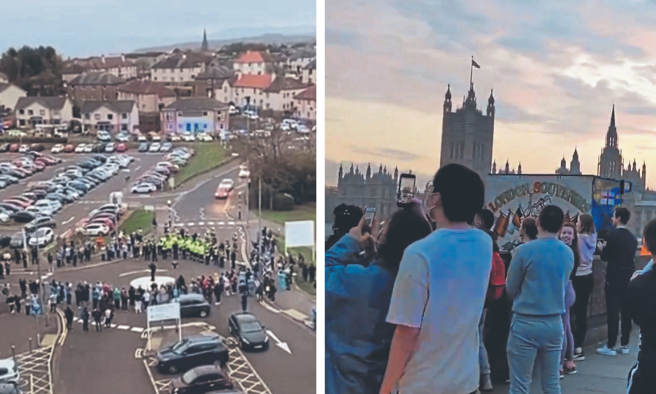 Left: The celebration outside Victoria Hospital in Kirkcaldy. Right: the impromptu gathering on Westminster Bridge.