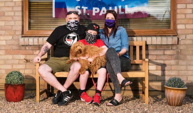 Sean and Kate Morgan with son Patrick and dog Bella in the Front Door Photoshoot by Sinclair Cunningham.