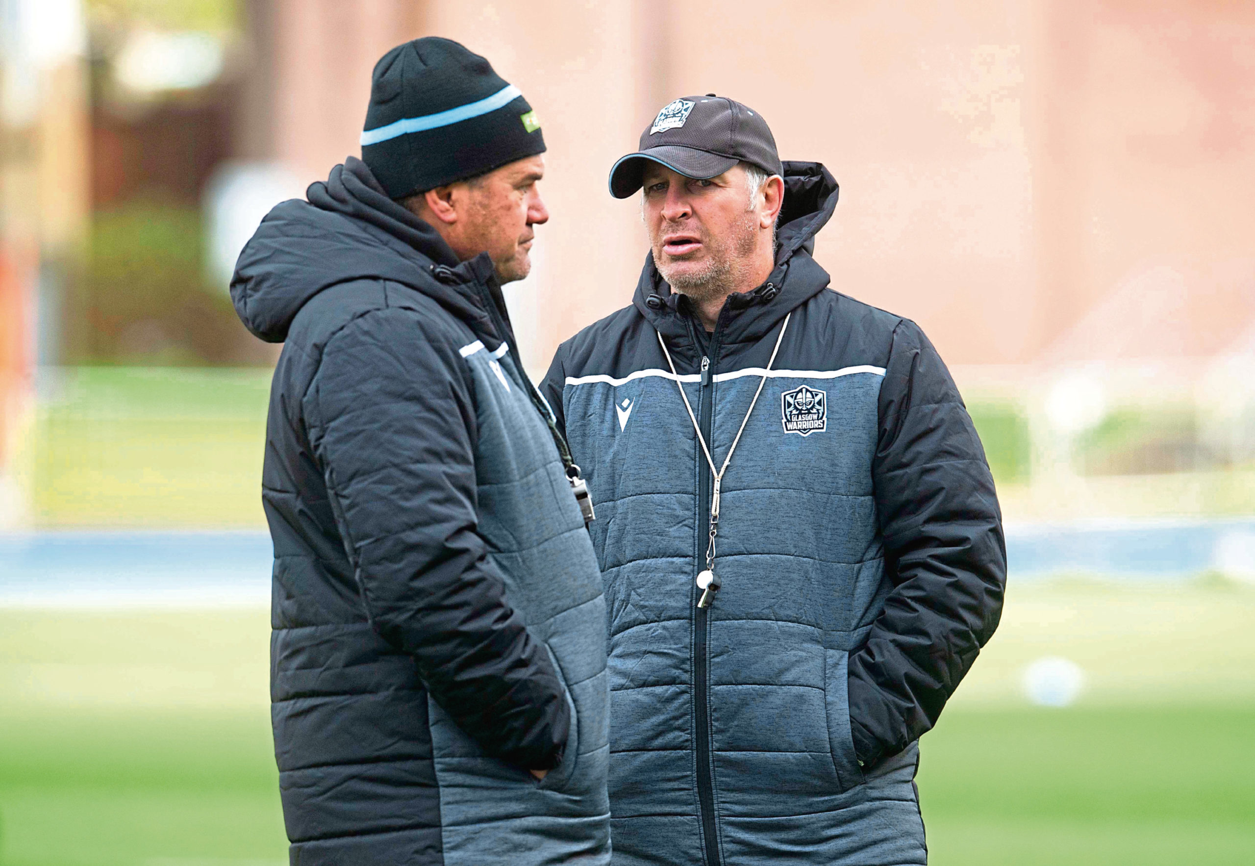 GLASGOW, SCOTLAND - NOVEMBER 12: Glasgow Head Coach Dave Rennie (L) and coach Jason O'Halloran are pictured during a training session at Scotstoun, on November 12, 2019, in Glasgow, Scotland. (Photo by Craig Foy / SNS Group / SRU)