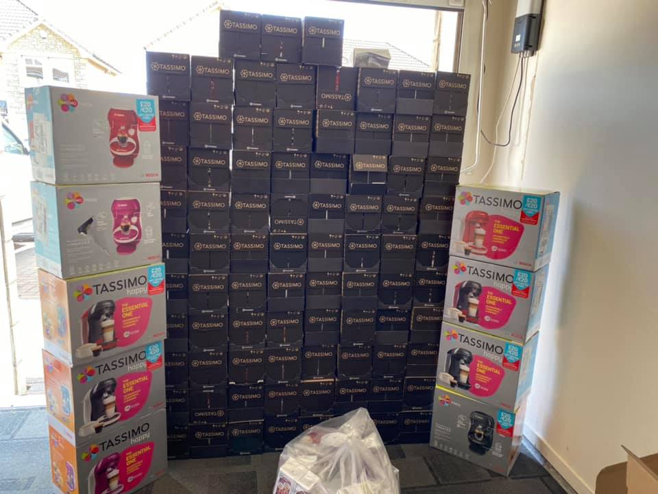 A wall of Tassimo machines donated to Kirkcaldy's Victoria Hospital.